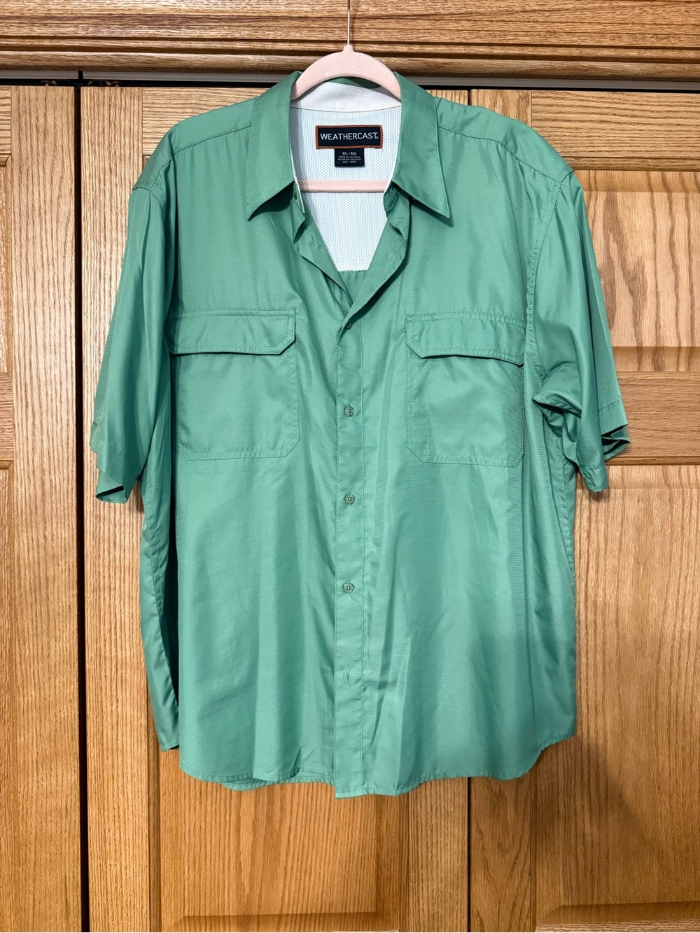WeatherCast Mens Green Polyester Shirt Button Up Pocket Collared Short Sleeve